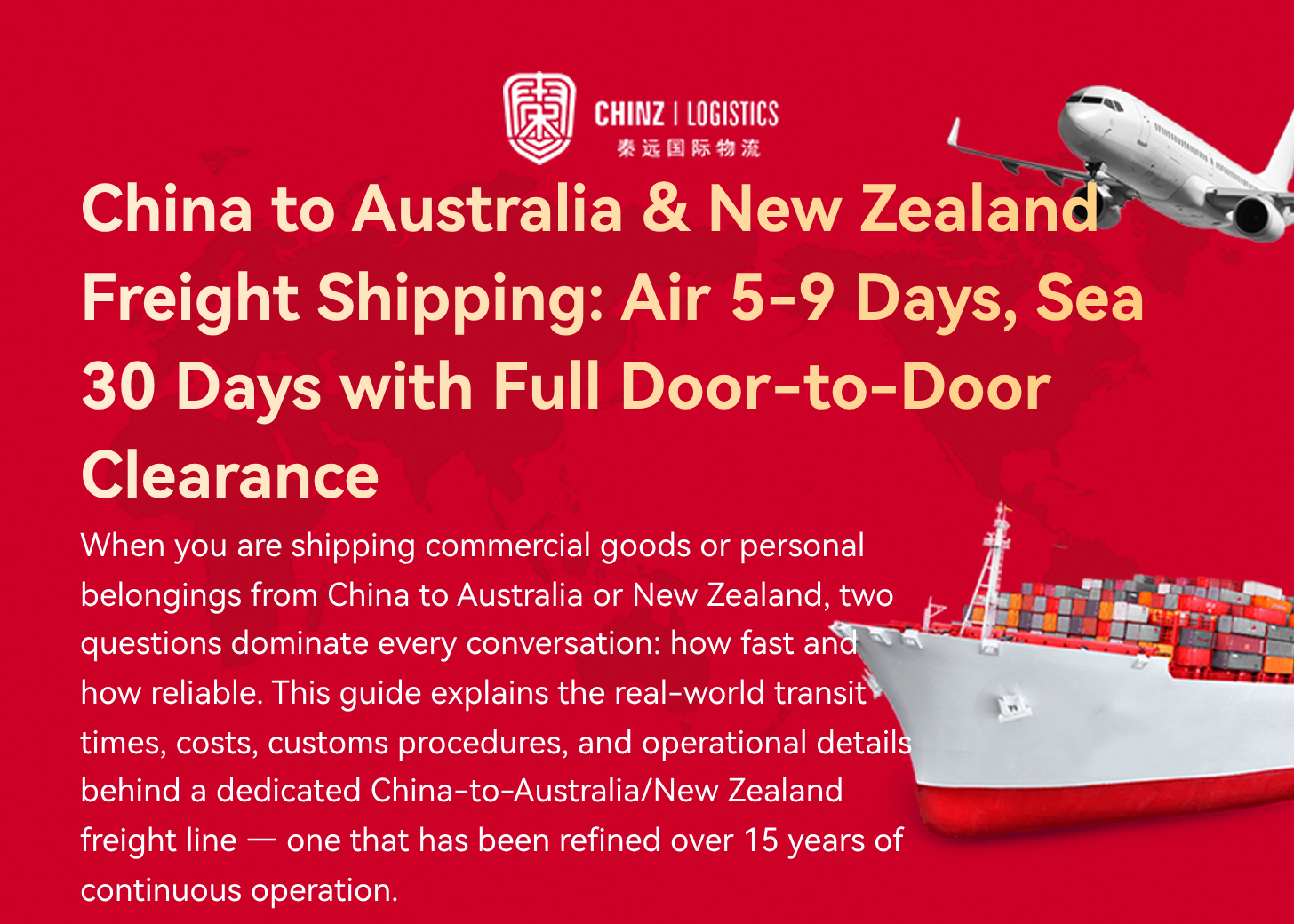 China to Australia & New Zealand Freight Shipping: Air 5-9 Days, Sea 30 Days with Full Door-to-Door Clearance